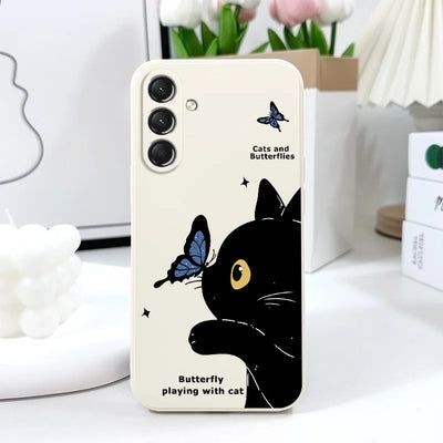 Cat Butterfly Phone Case For Samsung Galaxy S25 S24 S23 S22 S21 S20 S10  Ultra Plus FE Note 20 Ultra 10 Plus Cover
