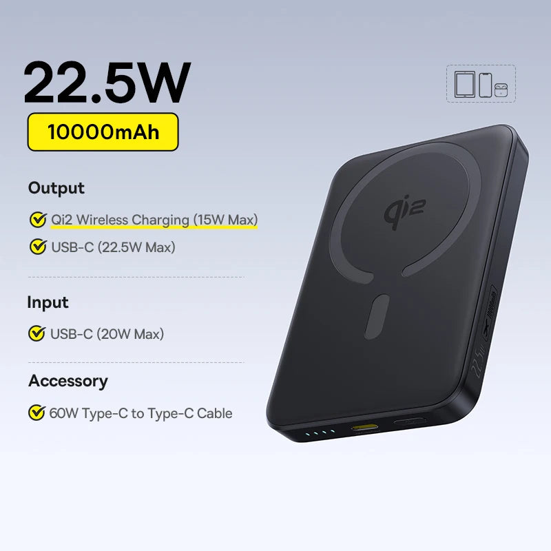 Baseus Qi2 Magnetic Power Bank 10000mah 15W Wireless Charging 22.5W Wired Charge Qi2-Certified for iPhone 16 15 14 13 12 Pro Max