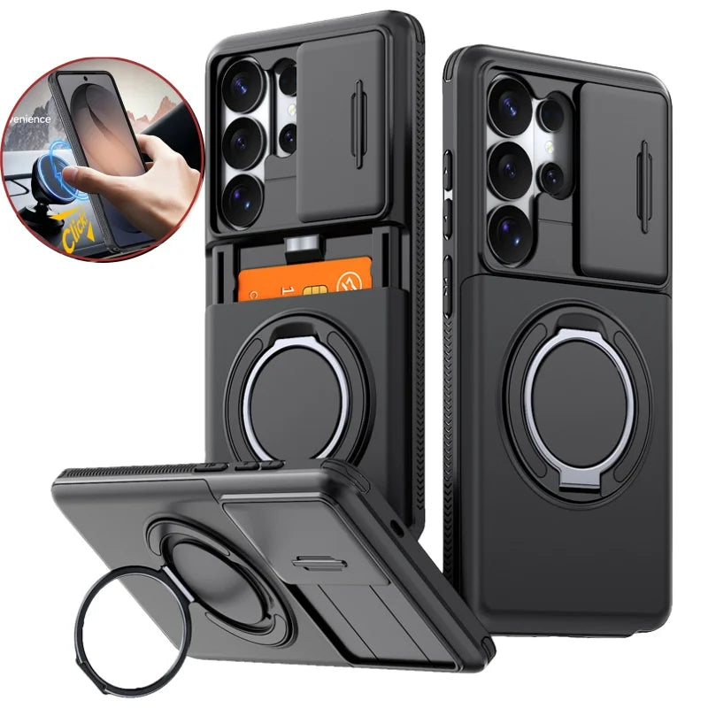 Slide Lens Card Slot Holder Cover Funda For Samsung Galaxy S22 S23 S26 Ultra S25 Plus S24 FE Case Armor Magnetic Holder Coque