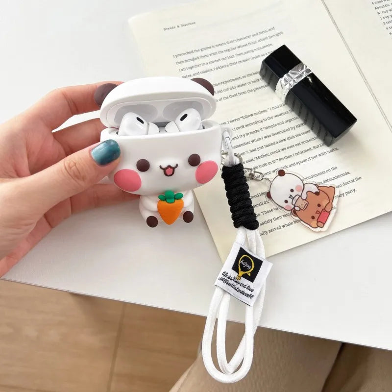 3D Panda Bear Soft Silicone For AirPods Case with Lanyard Keychain for AirPods 4 Pro Pro 2 Pro 3 Cute Shockproof Cover