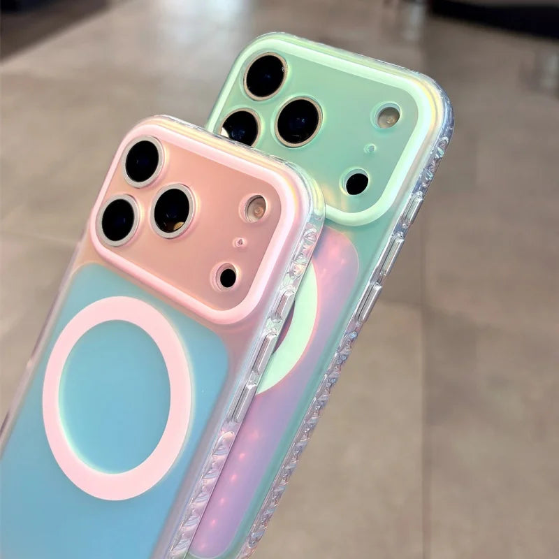 Luxury Laser Aurora Gradient For Magsafe Phone Case For iPhone 18 17 16 15 Pro Max Magnetic Wireless Charging Hard Bumper Cover