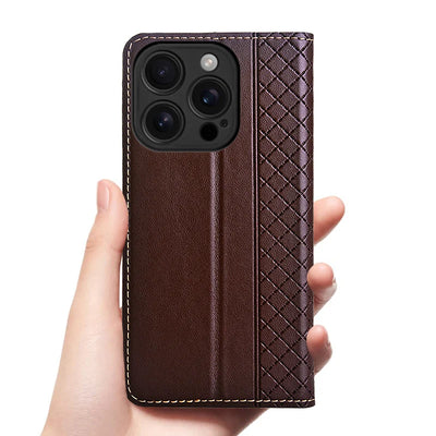 For APPLE iPhone 17 16 16E 15 14 Pro Max Air Plus Flip Case Grid Pattern Magnetic Cover Cowhide Genuine Leather Wallet Covers