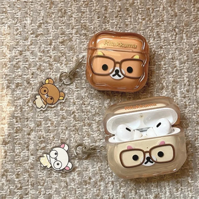 Korean Cute Rilakkuma Glasses Clear AirPods Case with Keychain for AirPods 1 2 3 4 Pro 2 Pro 3 Cute Shockproof Protective Cover