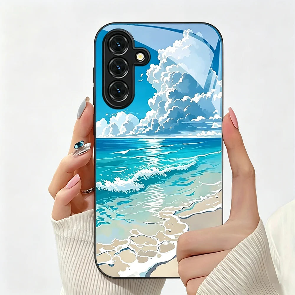 Ginkgo Leaf Tempered Glass Phone Case For Samsung A57 5G A56 S25 S26 Ultra S24 S23 Plus A37 A17 A55 A54 A53 A36 A26 Cases Cover