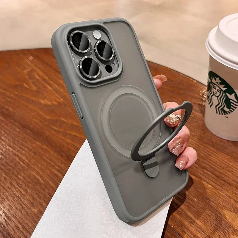 Matte Ring Holder Glass Lens Phone Case For iPhone 16 17 15 14 13 12 11 Pro Max For Magsafe Wireless Magnetic Hard Bumper Cover