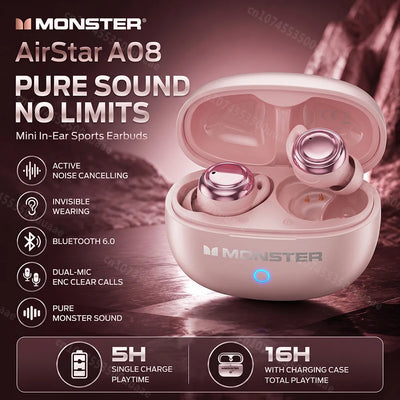Monster A08 ANC Bluetooth 6.0 Earbuds Mini Invisible In-Ear Sports Ear Buds Active Noise Cancellation TWS Wireless Earphone