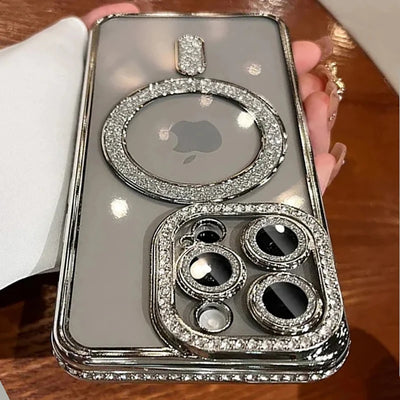 New Fashion Glitter Diamond Transparent Case For iPhone 16 15 14 13 17 12 18 Pro Max Plus Magnetic Wireless Charge Bumper Cover