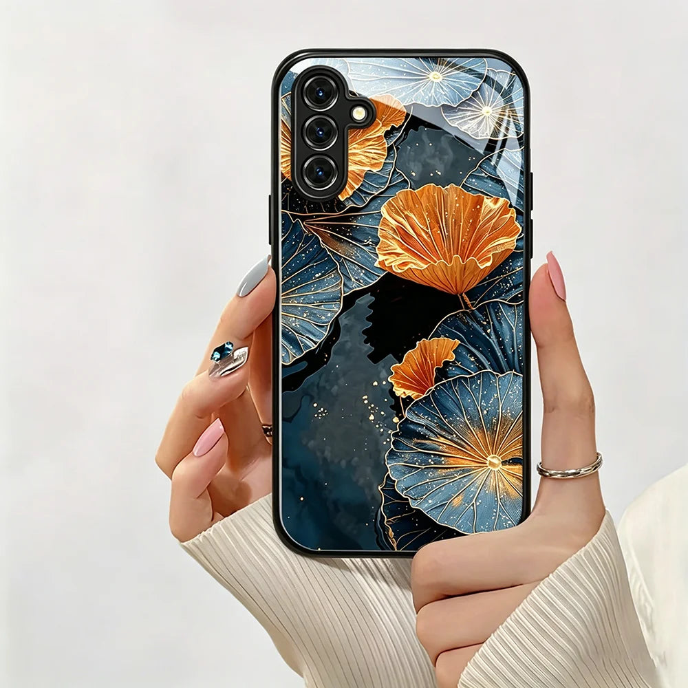 Ginkgo Leaf Tempered Glass Phone Case For Samsung A57 5G A56 S25 S26 Ultra S24 S23 Plus A37 A17 A55 A54 A53 A36 A26 Cases Cover