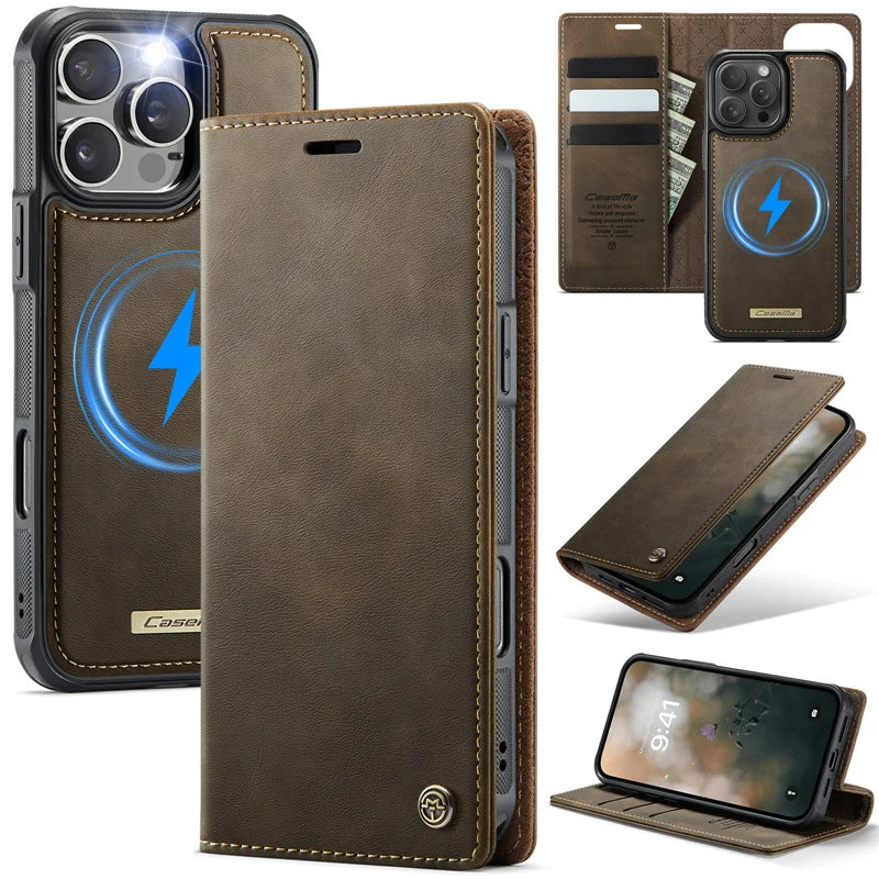 Magnetic Flip Leather Phone Case for iPhone 17 Pro Max 17E Air 16 Plus 15 14 13 12 11 Wireless Charging Wallet Cards Cover Coque