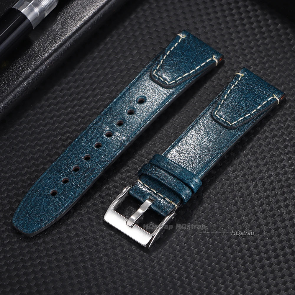 Vintage 20mm 22mm Oil Wax Leather Watch Band for Seiko Smartwatch Brown Stitching Cowhide Strap for Samsung Universal Wrist Band