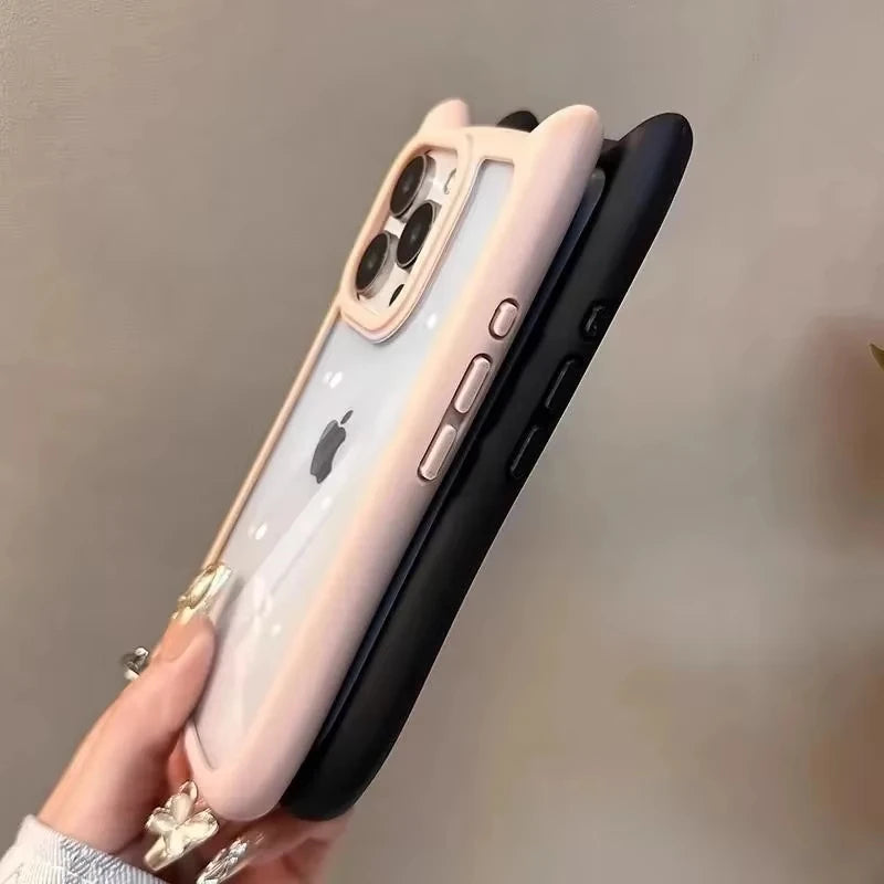 Soft Silicone Cute Cat Ear Phone Case For iPhone 16 17 13 15 14 12 11 Pro Max Air XS Max Funda Transparent Shockproof Back Cover