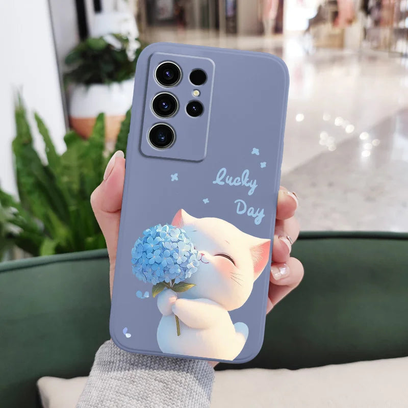 Blue Silk Cat Phone Case For Samsung Galaxy S25 FE S24 S23 S22 S21 S20 S10 S10E Ultra Plus FE Note 20 Ultra Plus Cover