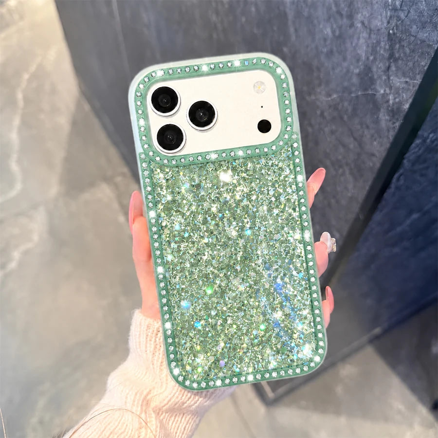 Luxury Sparkling Rhinestone Phone Case, Compatible with iPhone Air/17 Pro Max/16 Pro/15/14/13/12/11, Glitter Acrylic Back Cover, Solid Color Soft-Touch Frame, Large Camera Cutout Protective Case
