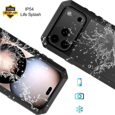 Heavy Duty Metal Armor Phone Case with Built-In Glass Screen Protector, 360° Full Body Rugged Shockproof Dustproof Protective Cover, Compatible with iPhone 18/17/Air/16/15/14/13/12/11, Pro, Pro Max, Plus, Mini, XR, XS, X, SE