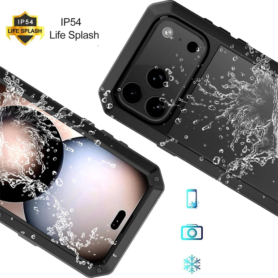 Heavy Duty Metal Armor Phone Case with Built-In Glass Screen Protector, 360° Full Body Rugged Shockproof Dustproof Protective Cover, Compatible with iPhone 18/17/Air/16/15/14/13/12/11, Pro, Pro Max, Plus, Mini, XR, XS, X, SE