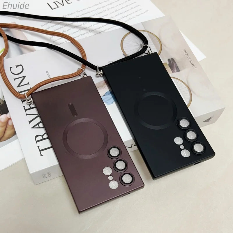 Metallic Paint Magnetic Case For Samsung Galaxy S26 S25 S24 S23 S22 Ultra FE Plus Wireless Crossbody Lanyard Strap Cover