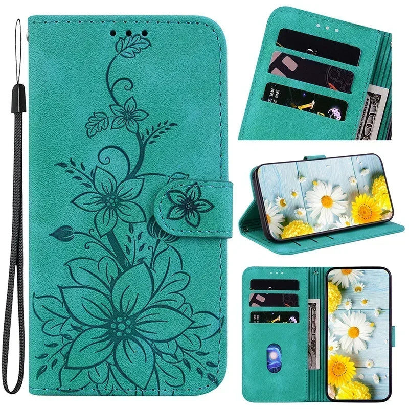 Magnetic Leather Phone Case For Google Pixel 10A 5 6A 8 9A 7 7A Pro Pixel 9 10 Pro XL Embossed Lilies Flip Cover Wallet Case