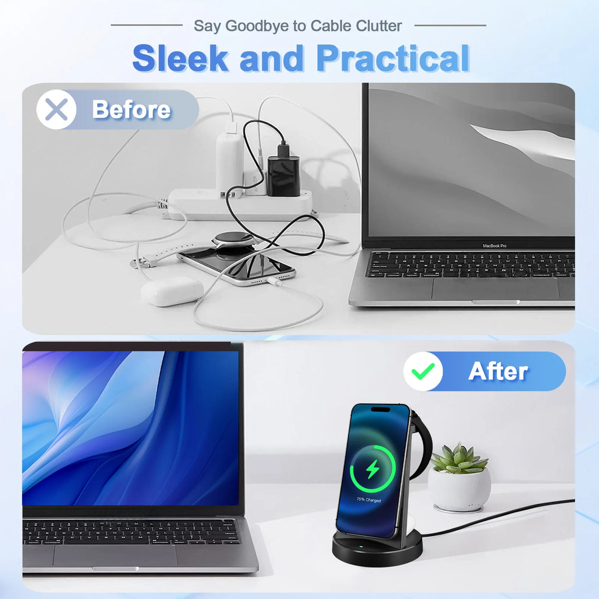 3 in 1 Wireless Charger Desktop Foldable 15W Fast Charging Stand For iPhone 17 16 15 14 13 12 11 X 8 Apple Watch Airpods