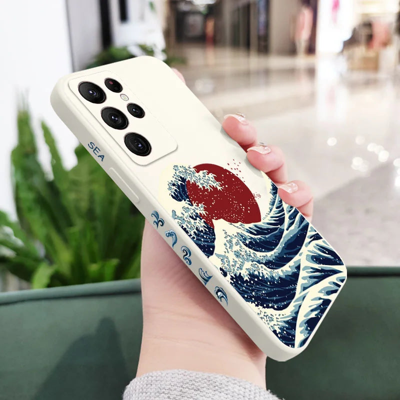Red Sun Sea Waves Phone Case For Samsung Galaxy S25FE  S24 S23 S22 S21 S20 Ultra Plus FE S10 S9  Note 20 ultra 10 9 Plus Cover