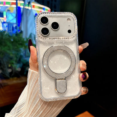 Luxury Sparkling Glitter Magnetic Ring Stand Phone Case for iPhone 18/17 Air/16/15/14/13/12 Pro Max/Pro/Plus Series, Crystal Clear Rhinestone Diamond Protective Cover with Raised Camera Lens Protection, Compatible with MagSaf