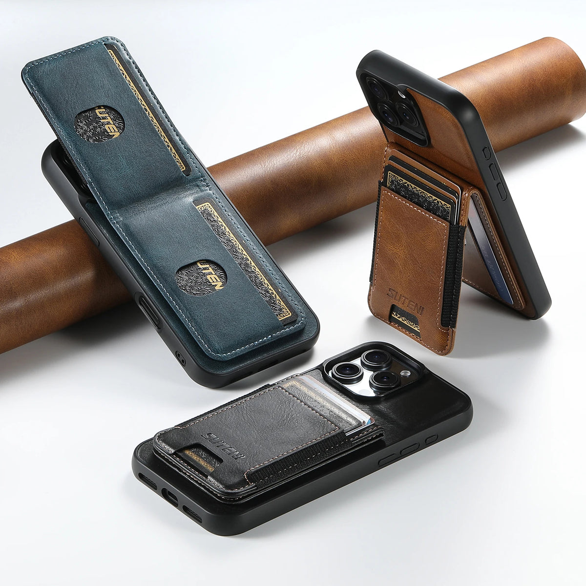 SUTENI Card Holder Smooth Texture Phone Case Elastic Band Luxury Faux Leather Stand For iPhone 18 Pro Max 17 16 Plus 15 14 13 12