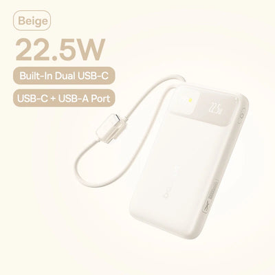 Baseus 10000mAh Power Bank 22.5W Built-In Dual USB-C Cable Thinner Fast Charging for iPhone 17 Pro Max Samsung S25 Xiaomi Poco