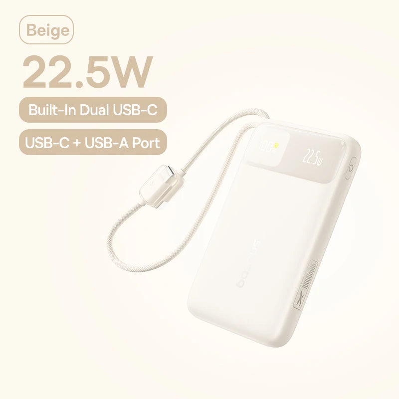 Baseus 10000mAh Power Bank 22.5W Built-In Dual USB-C Cable Thinner Fast Charging for iPhone 17 Pro Max Samsung S25 Xiaomi Poco