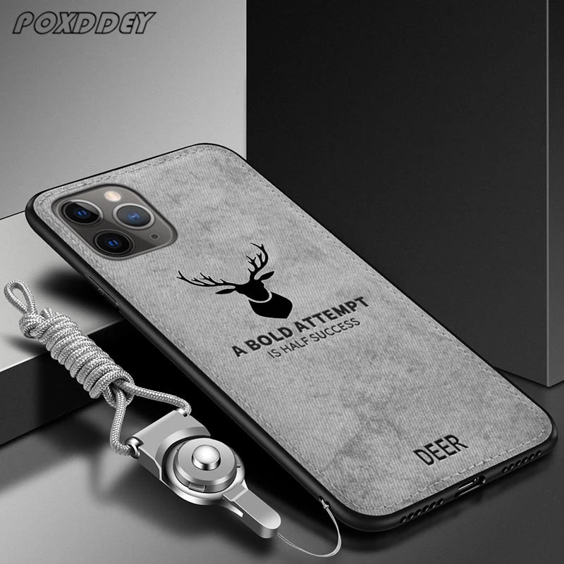 Lanyard Vintage Deer Print Phone Case For iPhone 17 Air 11 12 13 14 15 16 Pro Max Max Plus 16E PU Cloth Texture Mild Back Cover