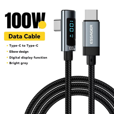 Essager PD100W USB C to Type C Cable Fast Charging Cable 90 Degree Elbow With Display For Iphone 15 Huawei Samsung Macbook Pro