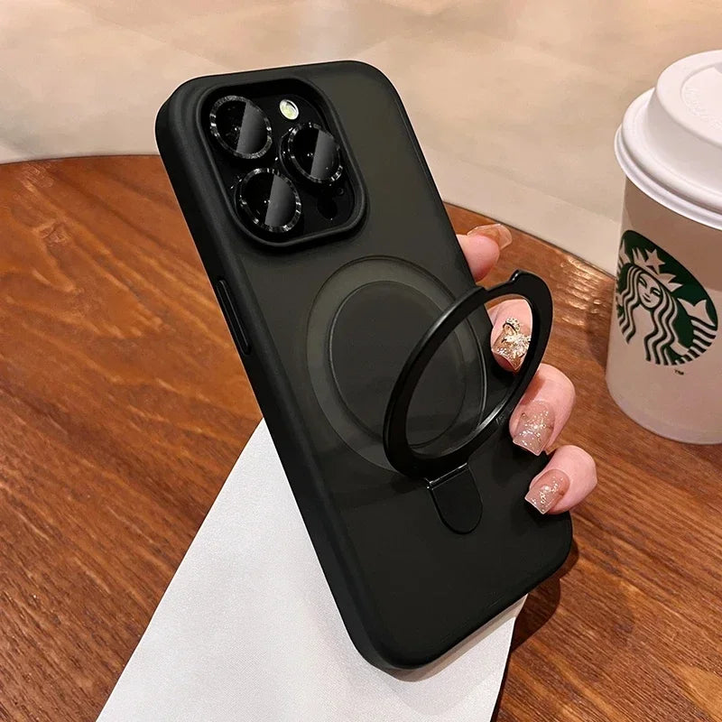 Matte Ring Holder Glass Lens Phone Case For iPhone 16 17 15 14 13 12 11 Pro Max For Magsafe Wireless Magnetic Hard Bumper Cover