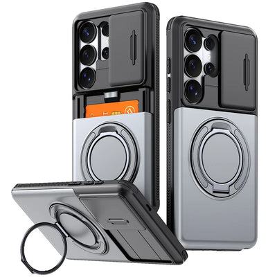 Slide Lens Card Slot Holder Cover Funda For Samsung Galaxy S22 S23 S26 Ultra S25 Plus S24 FE Case Armor Magnetic Holder Coque