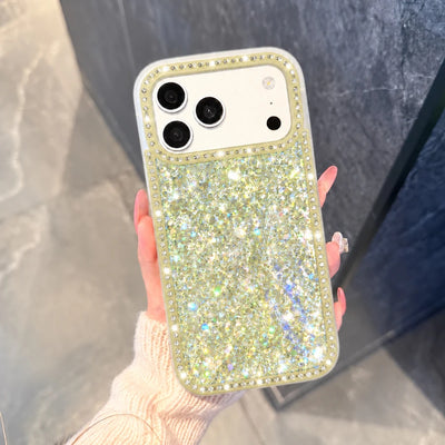 Luxury Sparkling Rhinestone Phone Case, Compatible with iPhone Air/17 Pro Max/16 Pro/15/14/13/12/11, Glitter Acrylic Back Cover, Solid Color Soft-Touch Frame, Large Camera Cutout Protective Case