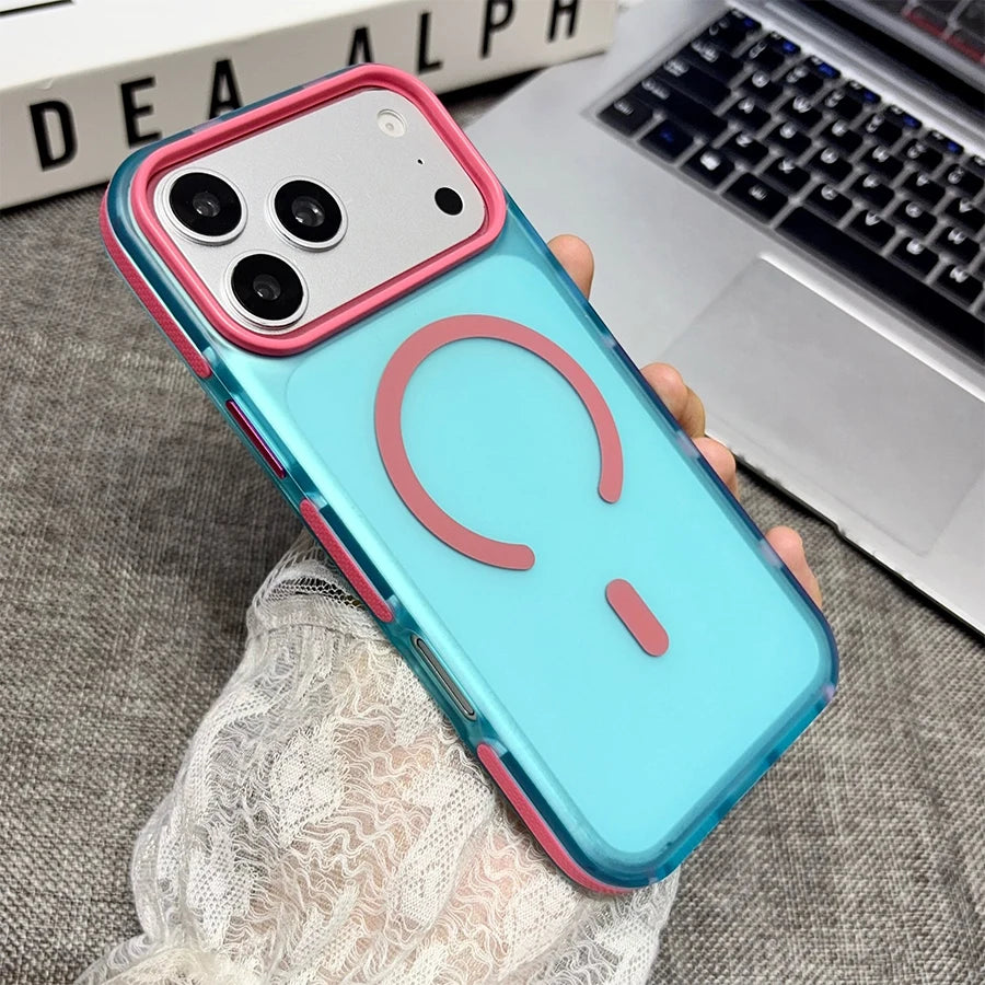 Dopamine Color Block Magnetic Phone Case for iPhone 17/17 Pro Max,16 Pro, 15 14, 13 Translucent Matte Full-Coverage Shockproof Cover with Raised Camera Protection, Compatible with MagSafe Wireless Charging