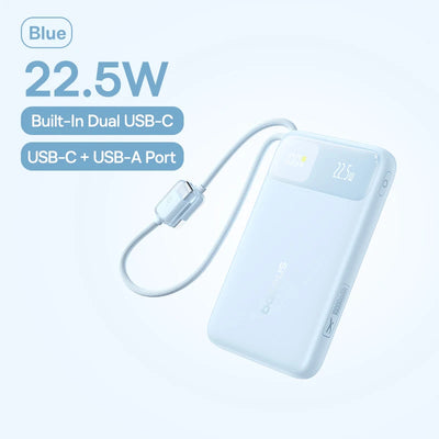 Baseus 10000mAh Power Bank 22.5W Built-In Dual USB-C Cable Thinner Fast Charging for iPhone 17 Pro Max Samsung S25 Xiaomi Poco