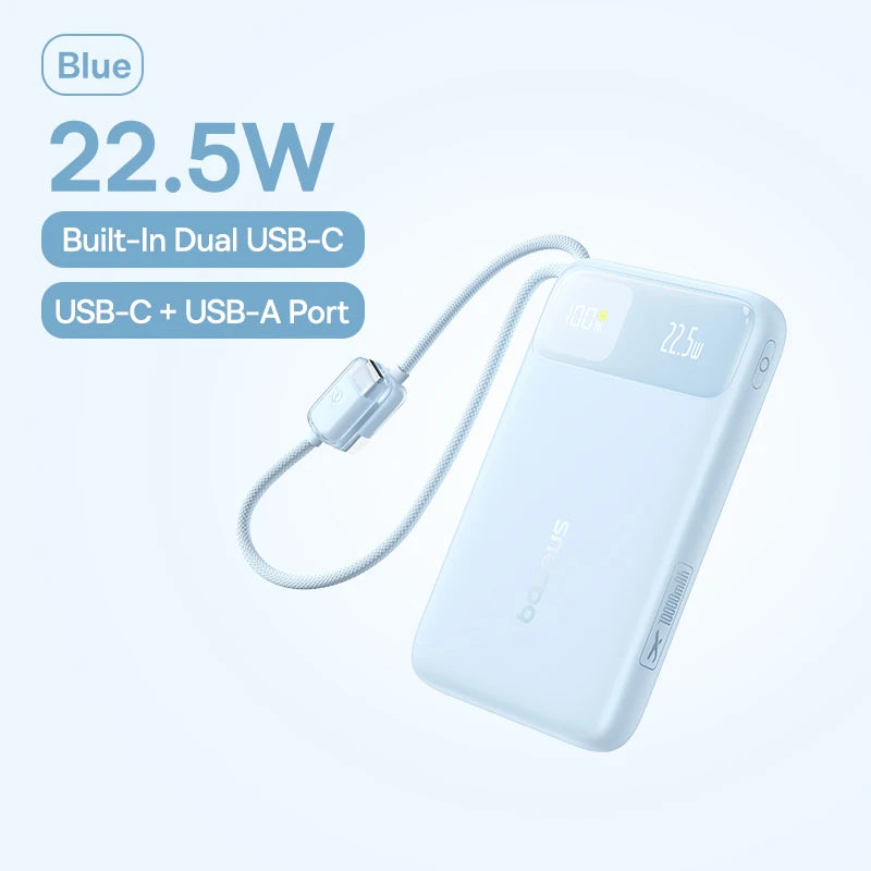 Baseus 10000mAh Power Bank 22.5W Built-In Dual USB-C Cable Thinner Fast Charging for iPhone 17 Pro Max Samsung S25 Xiaomi Poco
