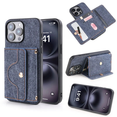 Denim Textured TPU+PU Leather Case for iPhone 12 13 14 15 11 16e Pro/Plus/ProMax Fashionable and Simple Rope Hanging Mirror Card
