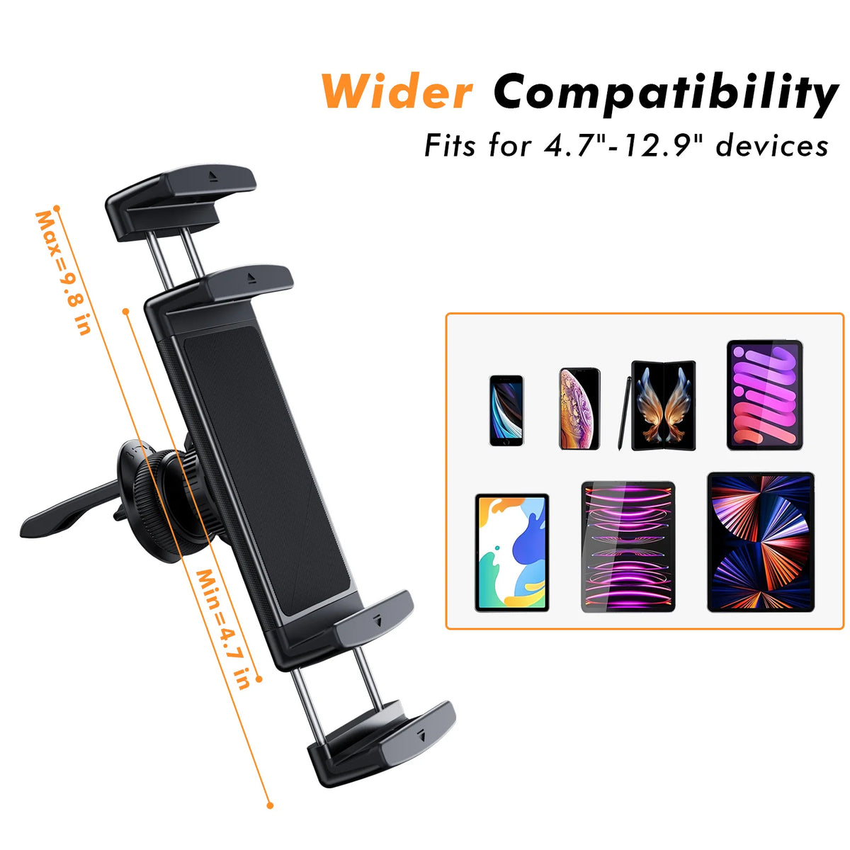 Eary Car Phone Holder 360°Rotatable Mount Vent Tablet for Car iPad Mini Air Z Fold 7 6 iPhone 17 Samsung S26 More 4-12.9" Device