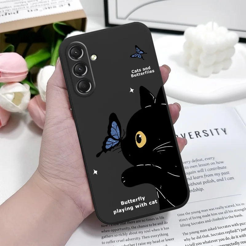 Cat Butterfly Phone Case For Samsung Galaxy S25 S24 S23 S22 S21 S20 S10  Ultra Plus FE Note 20 Ultra 10 Plus Cover