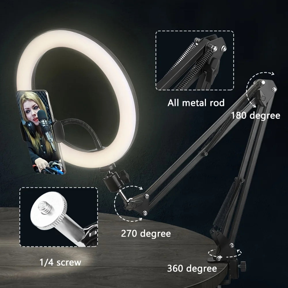 10 inch Selfie Ring Light with Mobile Holder Support Table Arm Stand, Photography Led Ring Lamp Ringlight For Live Broadcast