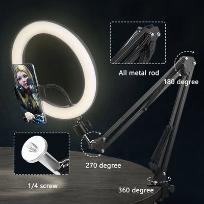 10 inch Selfie Ring Light with Mobile Holder Support Table Arm Stand, Photography Led Ring Lamp Ringlight For Live Broadcast