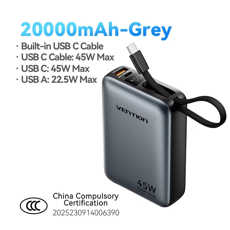 Vention CCC 45W 20000mAh Power Bank Fast Charging Portable Charger for iPhone 18 Pro Max Samsung Galaxy Battery 3C Powerbank