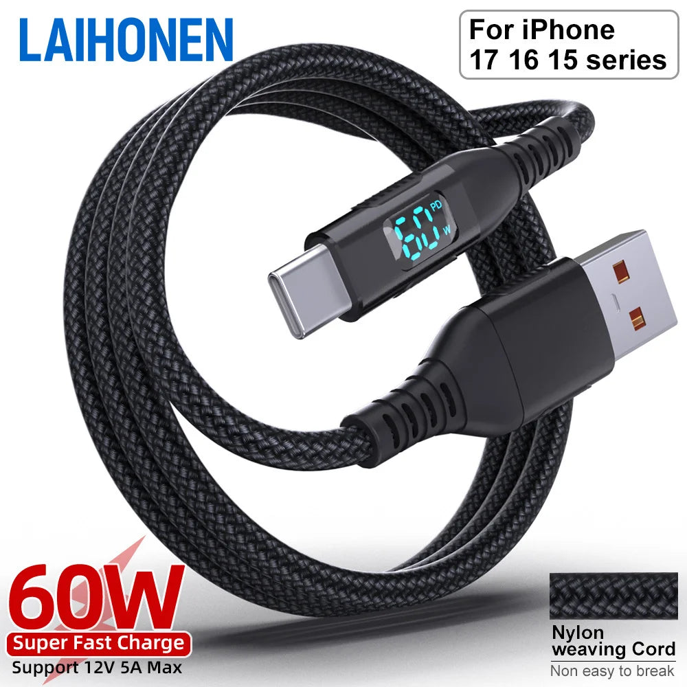 LAIHONEN USB A to Type C Nylon Braided Cable LED Display 3A Fast Charging Data Sync Cord 1/2/3M for iPhone 16 15 iPad MacBook