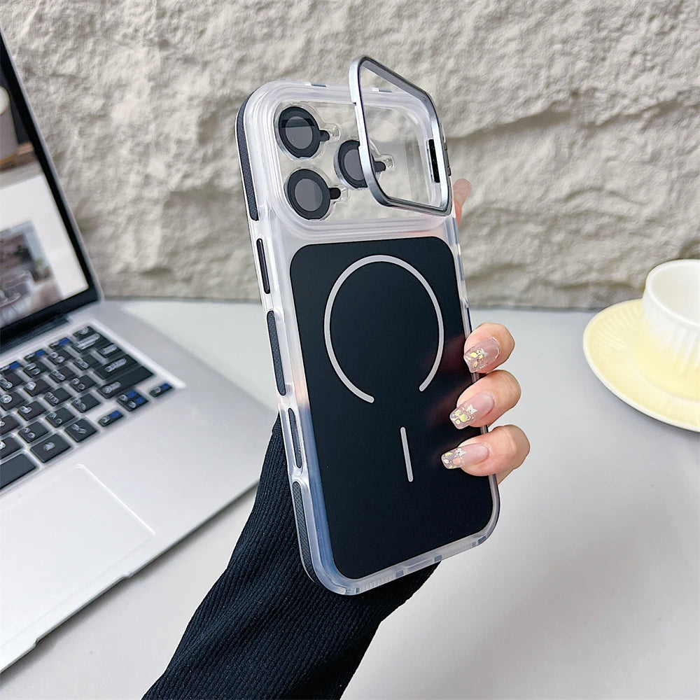Magnetic Lens Bracket Phone Case For iPhone 17 16 15 14 13 12 11 Pro Max XR XS For Magsafe Hard Acrylic Shockproof Bumper Cover