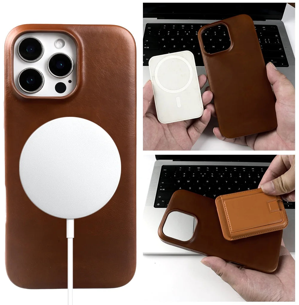 Vintage Full Wrapped Genuine Leather Case for Iphone 18 Pro Max 17 16 15 14 13 12 Business Oil Wax Magnetic Magsafe Phone Cover