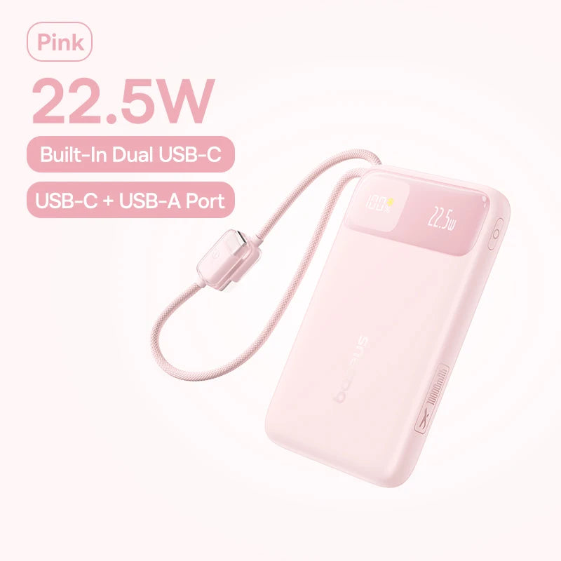 Baseus 10000mAh Power Bank 22.5W Built-In Dual USB-C Cable Thinner Fast Charging for iPhone 17 Pro Max Samsung S25 Xiaomi Poco