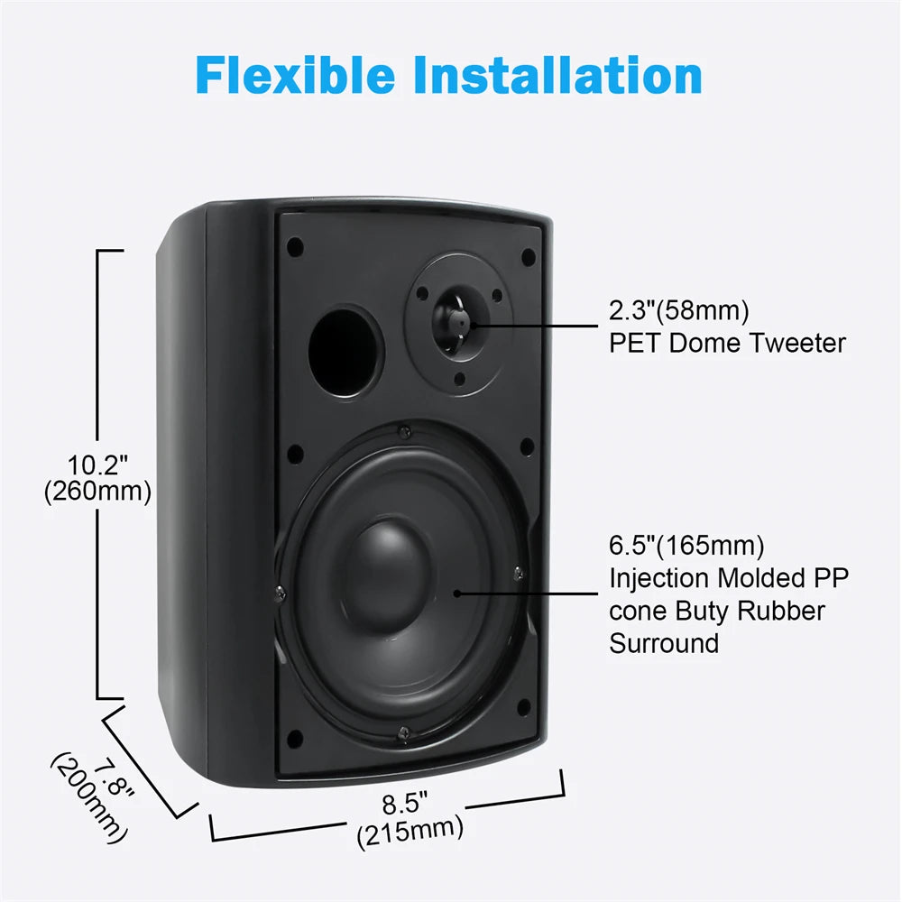 Herdio 6.5 Inch 400W Indoor Outdoor Passive Speakers Wired Waterproof Powerful Bass Wall Mount All-Weather Durability for Patio Garage Covered Deck