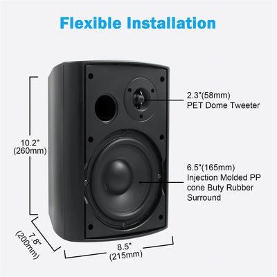 Herdio 6.5 Inch 400W Indoor Outdoor Passive Speakers Wired Waterproof Powerful Bass Wall Mount All-Weather Durability for Patio Garage Covered Deck