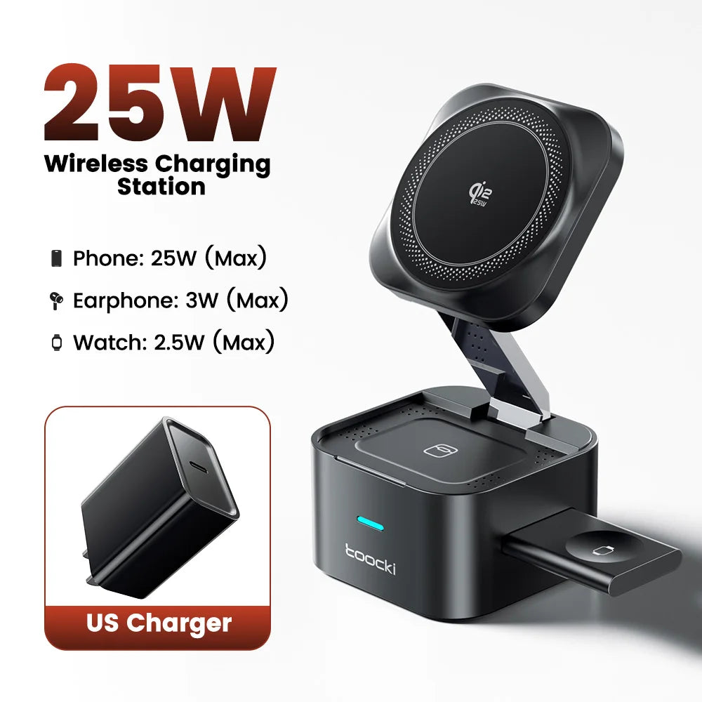 Toocki 25W QI2.2 Wireless Charger Station 3-in-1 for iPhone 17 16 Pro Max Airpods iWatch Samsung S26 for Magsafe Wireless Charge