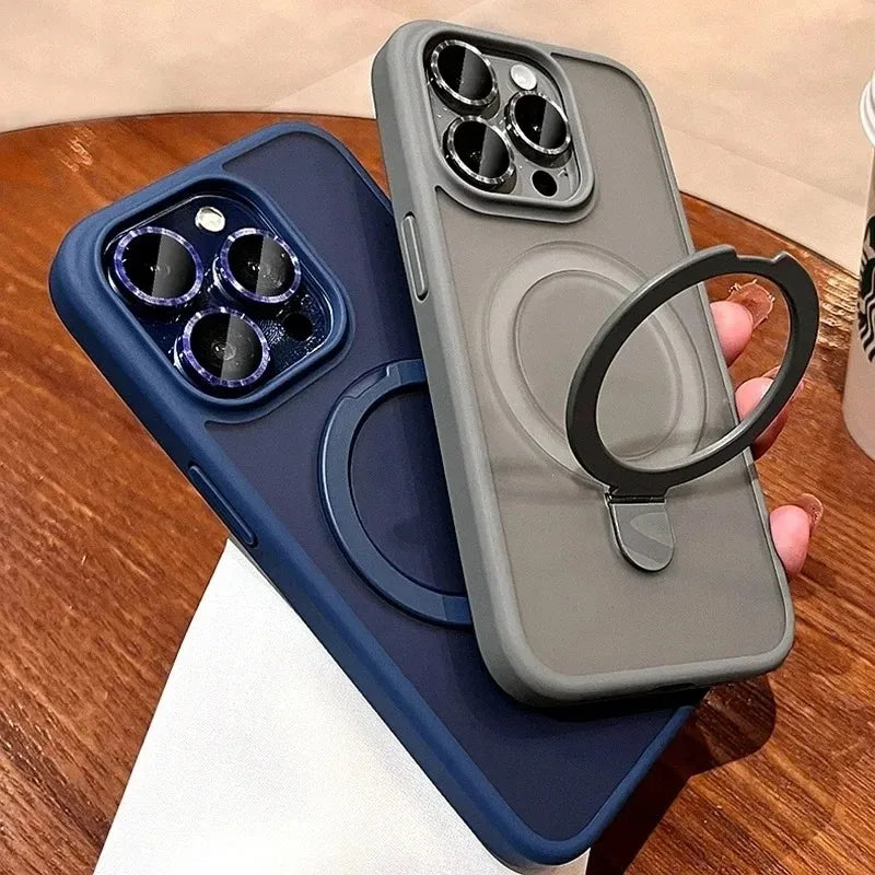 Matte Ring Holder Glass Lens Phone Case For iPhone 16 17 15 14 13 12 11 Pro Max For Magsafe Wireless Magnetic Hard Bumper Cover