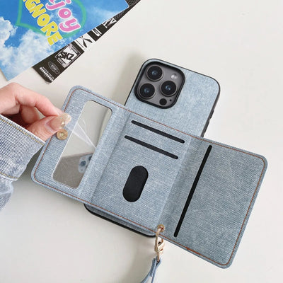 Denim Textured TPU+PU Leather Case for iPhone 12 13 14 15 11 16e Pro/Plus/ProMax Fashionable and Simple Rope Hanging Mirror Card